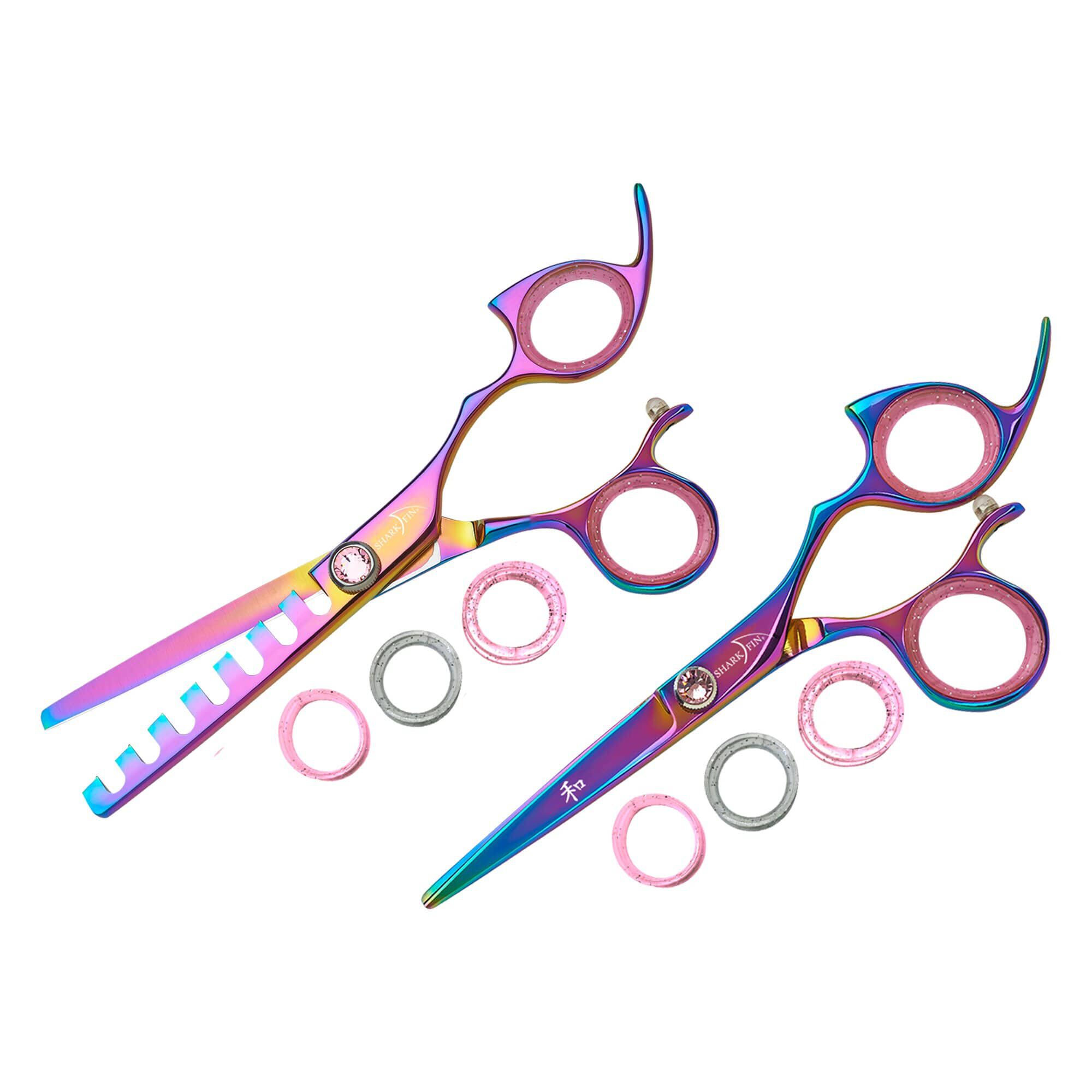 Shark Fin Shears Right Hand 7 Tooth Chunker Rainbow Titanium + Shear Set