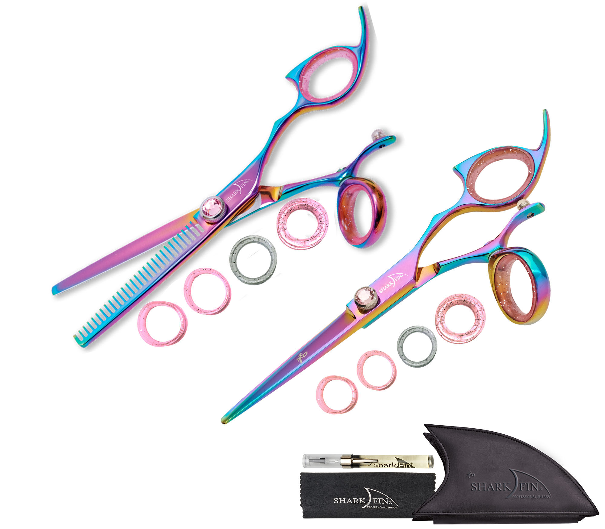 Shark Fin Shears 28 Tooth Thinner Swivel Rainbow + Cutting Shear Set